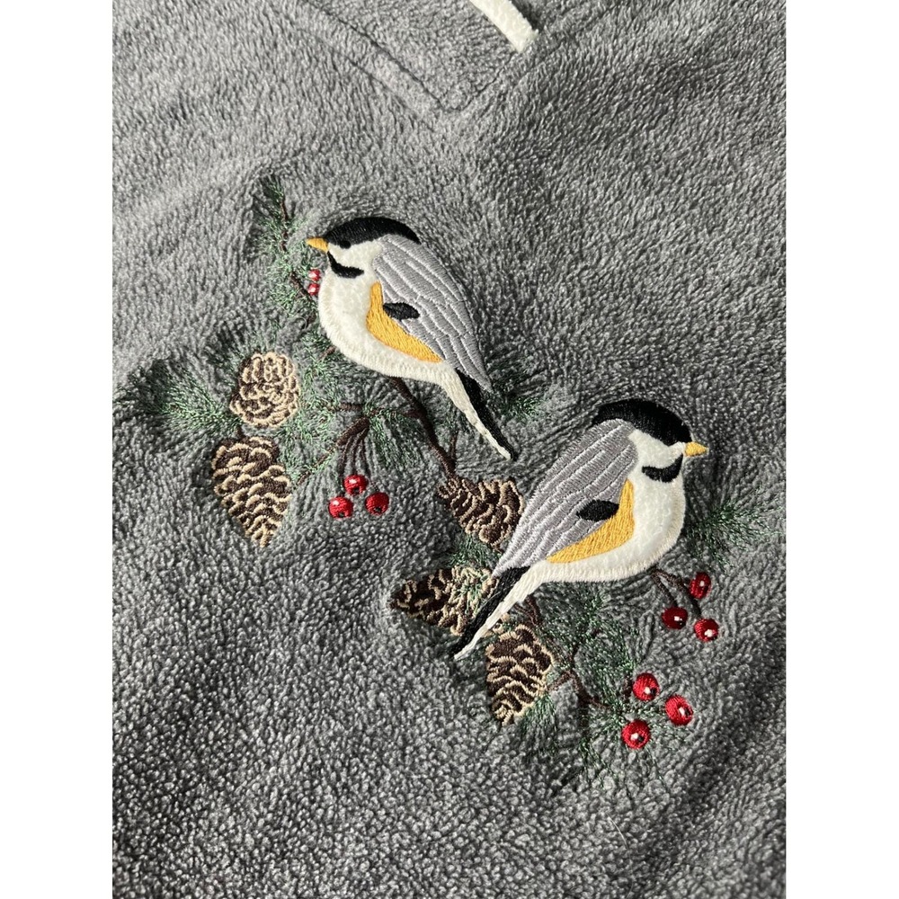 Croft & Barrow Vintage Gray Fleece Chickadee Embroidered Mock V-Neck Pullover 2X - Picture 2 of 10